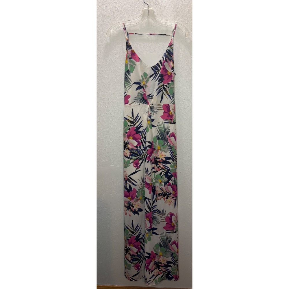 H&M Floral Maxi Dress Women 4 White Pink Tropical V-Neck Spaghetti Strap‎ Resort